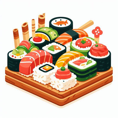 Sushi set on wooden plate isolated on white background. Sushi roll, japanese food vector illustrationのイラスト素材
