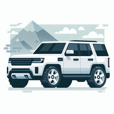 Modern SUV on a background of mountains. Vector illustration in flat styleのイラスト素材