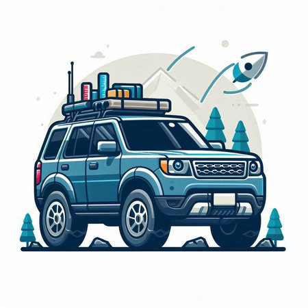 Vector illustration of a blue suv on the road in the mountains.のイラスト素材