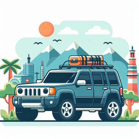Car with luggage on the background of the city. Vector illustration.のイラスト素材