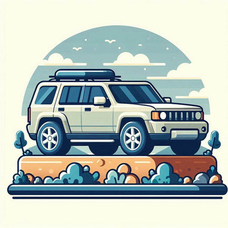 Vector illustration of a suv car on the road in the mountainsのイラスト素材
