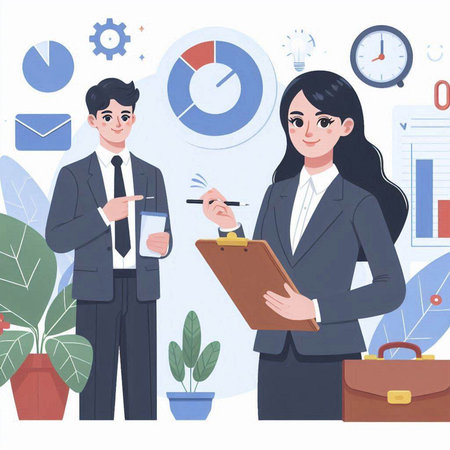 Businessman and businesswoman in office. Vector illustration in flat styleのイラスト素材