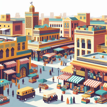 illustration of islamic market with shops, restaurants and peopleのイラスト素材