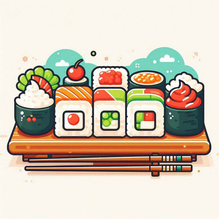 Illustration of Sushi Set with Chopsticks, Sushi Rolls and Sashimiのイラスト素材