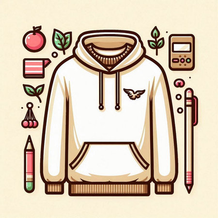 Vector illustration of a stylish hooded sweatshirt with a hood and a set of school stationery.のイラスト素材