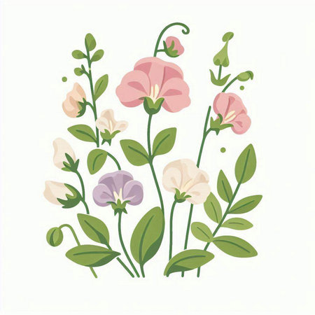 Beautiful vector illustration of sweet pea flowers with green leaves.のイラスト素材