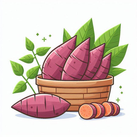 Illustration of sweet potatoes in a basket on a white background.のイラスト素材