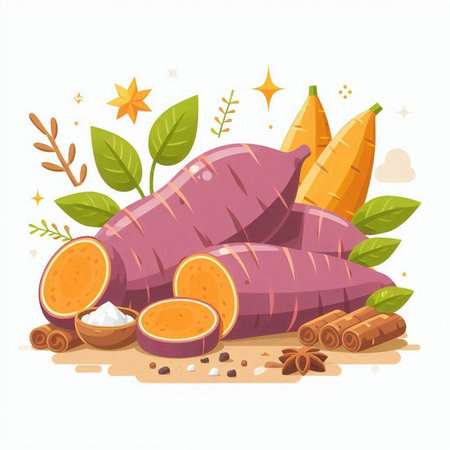 Sweet potato with leaves and cinnamon. Vector illustration in cartoon style.のイラスト素材