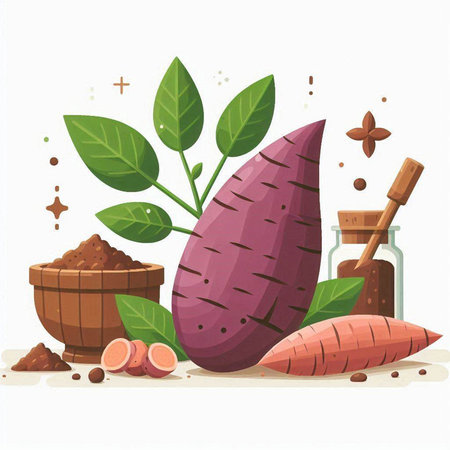 Sweet potato and ingredient vector illustration isolated on white background. Fresh sweet potato with leaves.のイラスト素材
