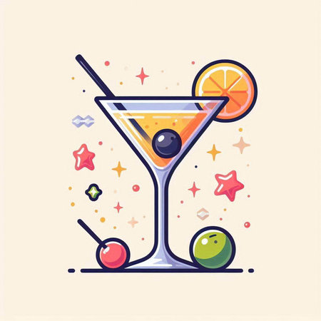 Cocktail icon in line art style. Vector illustration of a cocktail in a martini glass.のイラスト素材