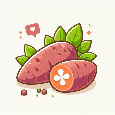 Sweet potato with leaves and hearts on white background. Vector illustration.のイラスト素材