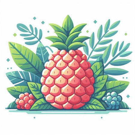 Raspberry fruit with leaves on white background. Vector illustration in cartoon style.のイラスト素材