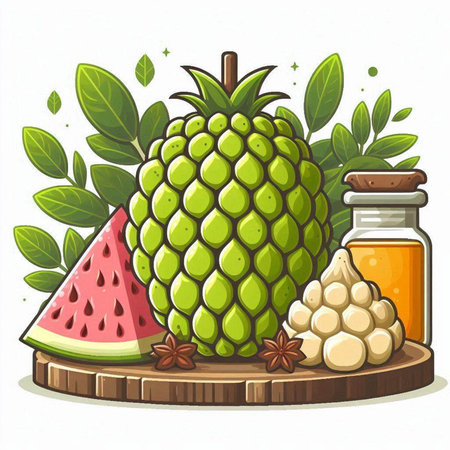 Custard apple and watermelon on wooden board. Vector illustrationのイラスト素材