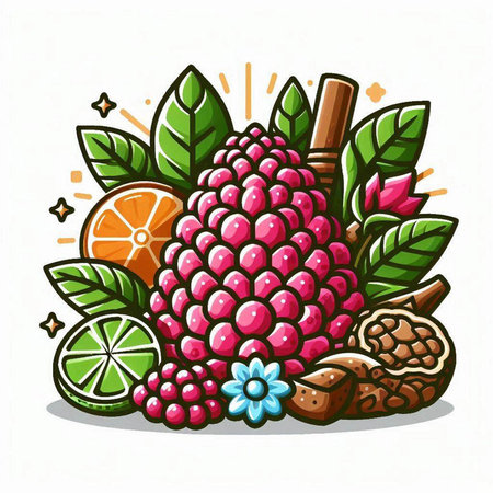 Vector illustration of a fresh pink raspberry fruit with leaves and cinnamon sticksのイラスト素材