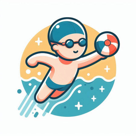 Swimming boy in cap and goggles with ball. Vector illustration.のイラスト素材