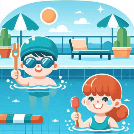 Children in the swimming pool. Cartoon vector illustration of a boy and a girl.のイラスト素材