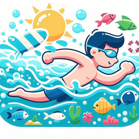 Vector illustration of a man swimming in the sea. Cartoon style.のイラスト素材