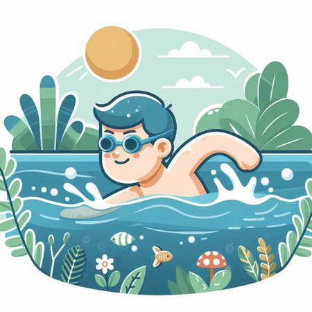 Boy swimming in the pool. Vector illustration in a flat style.のイラスト素材