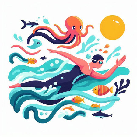 Vector illustration of a man swimming in the sea. Cartoon style.のイラスト素材