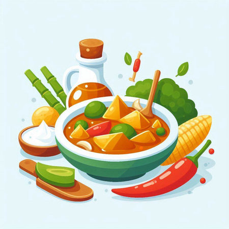 Vector illustration of a bowl of spicy chicken soup with ingredients for cooking.のイラスト素材
