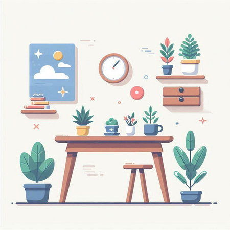 Flat design modern vector illustration concept of home office workspace. Furniture, coffee table, plant, clock, books, lamp and other items.のイラスト素材
