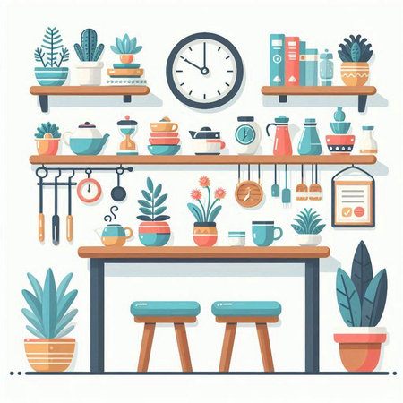 Flat design vector illustration concept of home office workspace. Furniture and accessories.のイラスト素材
