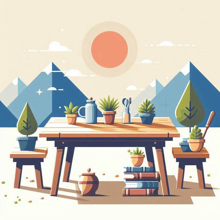 Wooden table and chairs in the garden. Vector illustration in flat styleのイラスト素材