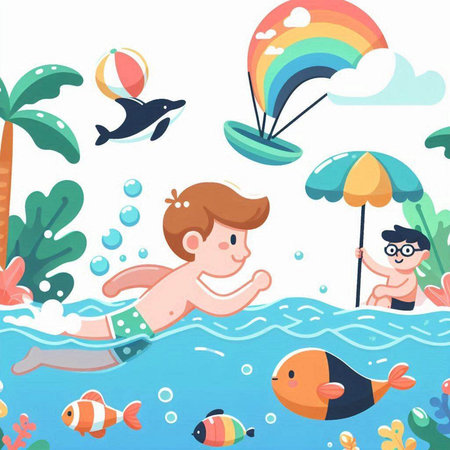 Cute boy swimming in the sea with fishes, vector illustration.のイラスト素材