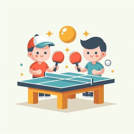 Children playing table tennis. Vector illustration in cartoon style. Flat design.のイラスト素材
