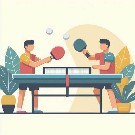 Table tennis game vector illustration. Two men playing table tennis together.のイラスト素材