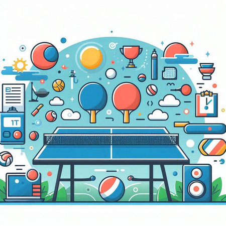 Table tennis table with sport equipment. Vector illustration in line art style.のイラスト素材
