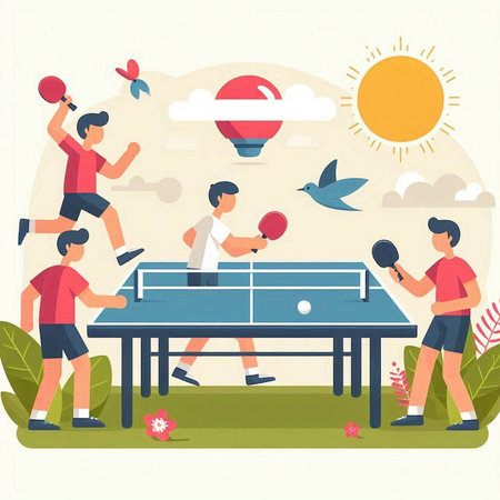 Table tennis sport vector illustration. Flat design of people playing table tennis on summer day.のイラスト素材