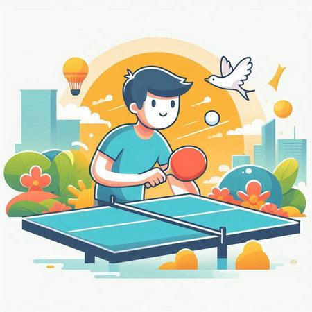 Boy playing table tennis on a sunny day. Vector illustration in flat style.のイラスト素材
