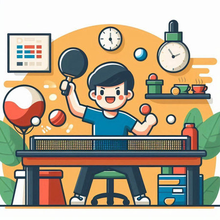 Boy playing table tennis at home. Vector illustration in cartoon style.のイラスト素材