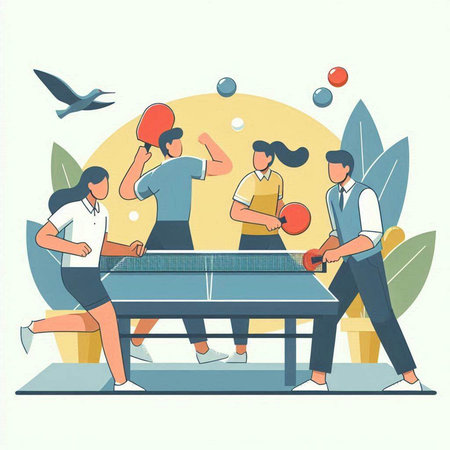 Group of young people playing table tennis. Flat style vector illustration.のイラスト素材