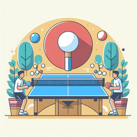 Table tennis game vector illustration. Table tennis table with balls, rackets and rackets. Flat style design.のイラスト素材