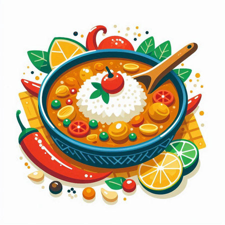 Colorful vector illustration of a bowl of rice with vegetables and spicesのイラスト素材