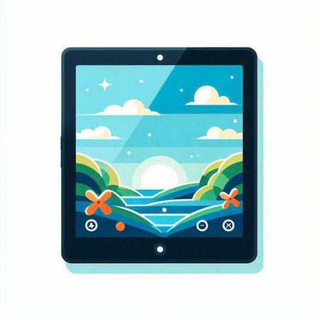 Tablet PC with a view of the sea and the sun.のイラスト素材