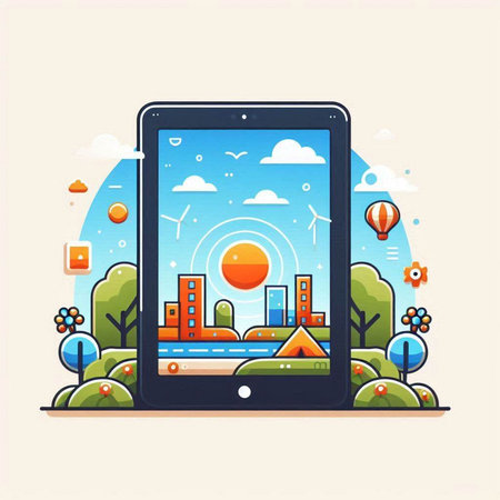 Smartphone with city on screen. Modern flat design vector illustration.のイラスト素材