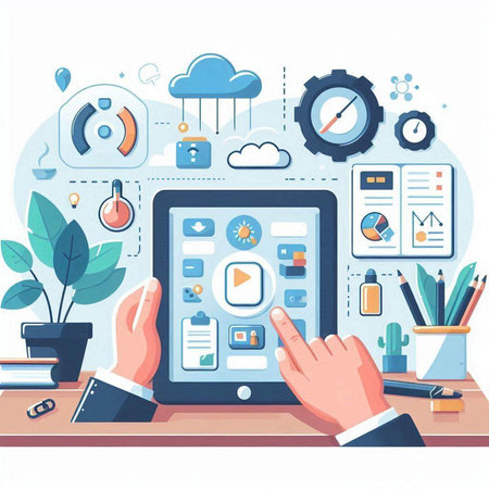 Man working on tablet in office. Vector illustration in flat style.のイラスト素材