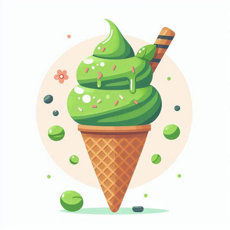 Green ice cream in waffle cone. Vector illustration in cartoon styleのイラスト素材