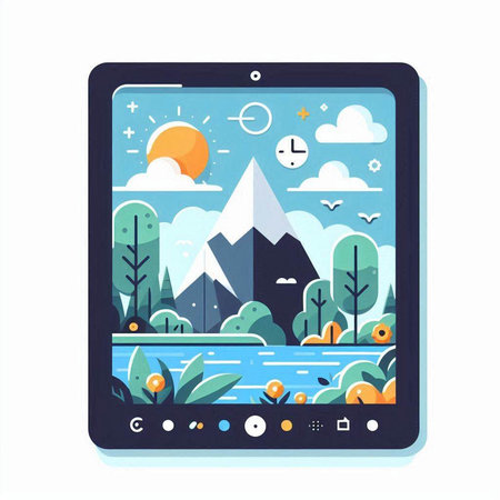 Vector illustration of a tablet with a mountain landscape on the screen.のイラスト素材