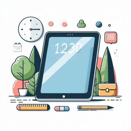 Tablet PC and office supplies on white background. Vector illustration.のイラスト素材