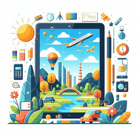 Smartphone with travel and tourism icons. Vector illustration in flat styleのイラスト素材
