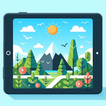 Vector illustration of a tablet with a landscape in the style of flat designのイラスト素材