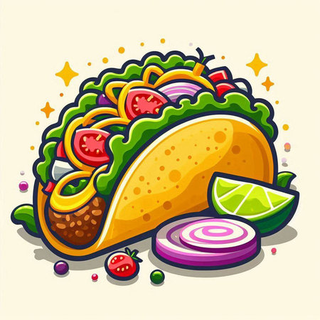 Mexican tacos with lime, onion and tomato. Vector illustration.のイラスト素材