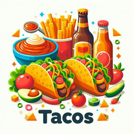 Tacos vector illustration. Mexican fast food. Taco with tortilla, chips, tomato, onion, cucumber, cheese, ketchup, mustardnnaisennaisennaiseのイラスト素材