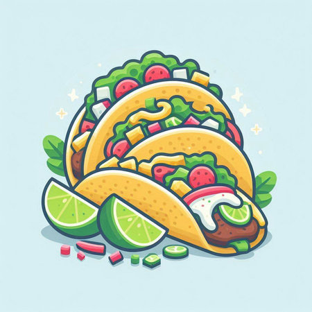 Taco with lime. Mexican food. Vector illustration in cartoon style.のイラスト素材
