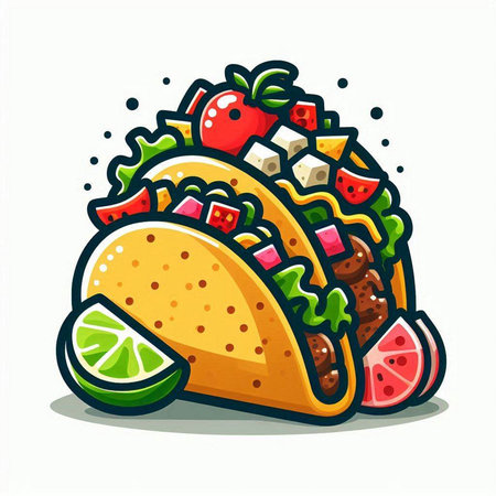 Taco with lime and strawberries. Mexican food. Vector illustration.のイラスト素材