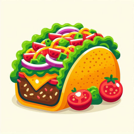 Taco with meat and vegetables. Mexican fast food vector illustration.のイラスト素材